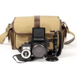 Mamiya M645J Medium Format Camera. With 80mm f2.8 lens and aftermarket grip (condition 5F). With