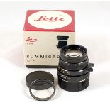 Black Leitz Canada Summicron M 50mm f2 Lens. #3360358 (condition 5F). With UVa filter and caps, in