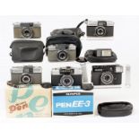 Six Olympus Half Frame Cameras. Olympus Pen, boxed; Pen EE3, boxed with case, instructions etc;