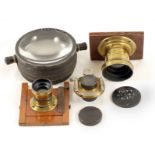 Brass Ross Lens for Whole Plate Camera. Plus a small, un-named brass lens, with panel and front