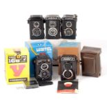 Five Voigtlander, Lomo & Lubitel TLRs. To include Lubitel 166U (condition 3/4F) in makers box,