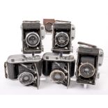 Five Ensign 220 Autorange Folding Rangefinder Cameras. Various lens and shutter combinations, one in