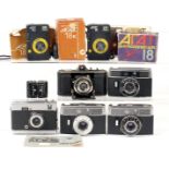 Seven Russian & German Half Frame Cameras. Comprising uncommon CHAIKA, 2x Akat 18K, boxed;