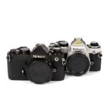 Two Nikon FE Camera Bodies. Comprising chrome FE#3696568 (condition 5F) and black body #3518837 (