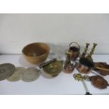 A collection of brass, and copper including Eastern, wooden ware etc