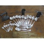 A small quantity of silver plated cutlery along with one silver tea spoon and a treen "button