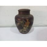 A Japanese tin tea canister, decorated with exotic bird - H 12cm