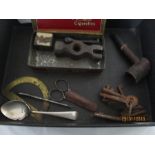 A silver jam spoon, keys, scissors etc.