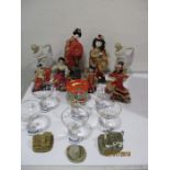 A collection of Japanese dolls, Babycham glasses ( 2 cracked), vintage tin etc.