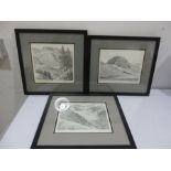 Three signed A. Wainwright prints including Langstrath, Great End from Styhead Tarn and Bowfell from