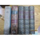 Three leather bound volumes of "Life of Dr Johnson" by Boswell,"A voyage on the Sunbeam", Brassey