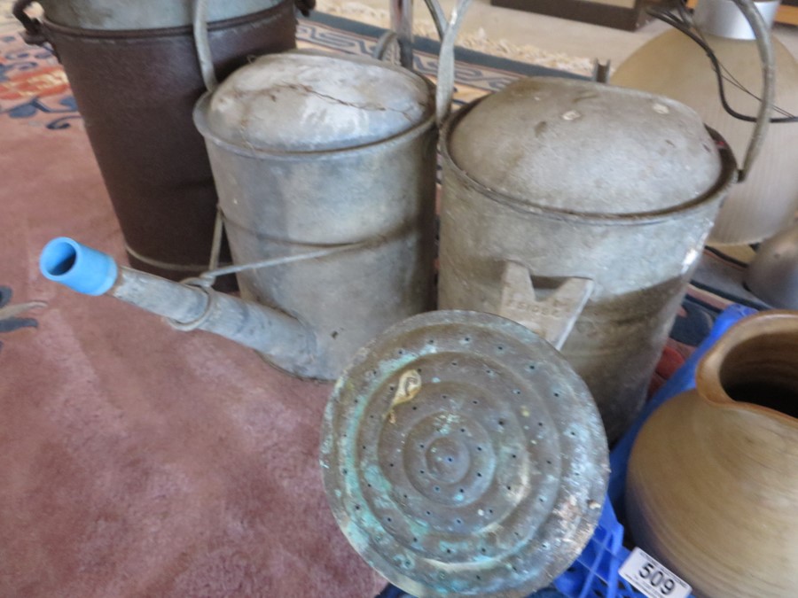 Two galvanised watering cans, bucket, one other similar and three pieces of pottery - Image 4 of 6