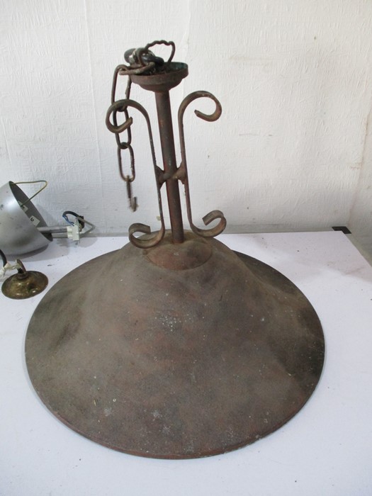 A cast iron lamp shade along with a modern holophane style shade - Image 4 of 5