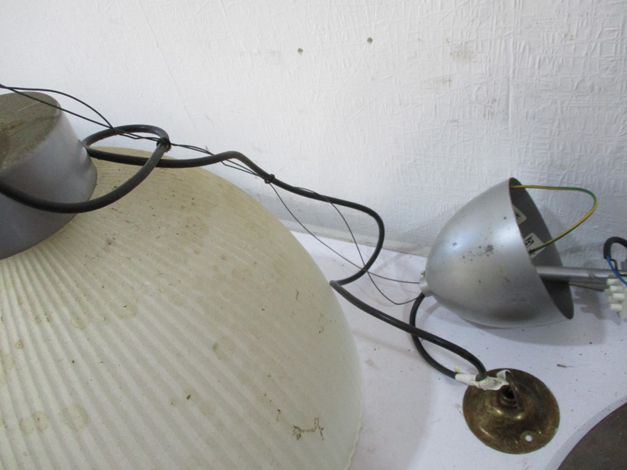 A cast iron lamp shade along with a modern holophane style shade - Image 3 of 5