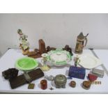 A quantity of miscellaneous items including bookends, tie press, figurine, candlesticks etc.