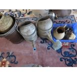 Two galvanised watering cans, bucket, one other similar and three pieces of pottery