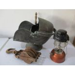 A cast iron pulley, Tilley lamp and a copper coal helmet ( A/F)