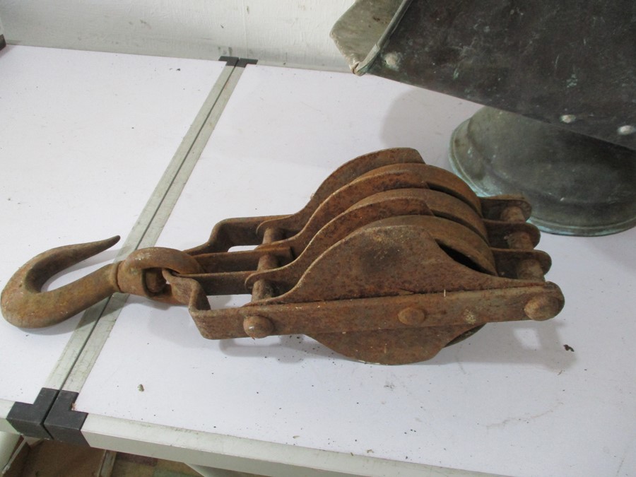 A cast iron pulley, Tilley lamp and a copper coal helmet ( A/F) - Image 2 of 5