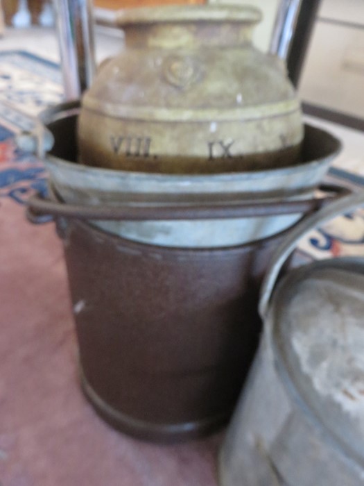 Two galvanised watering cans, bucket, one other similar and three pieces of pottery - Image 5 of 6