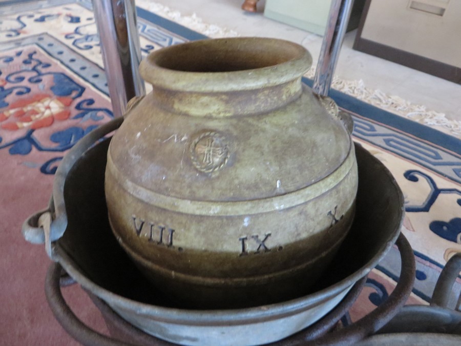 Two galvanised watering cans, bucket, one other similar and three pieces of pottery - Image 6 of 6