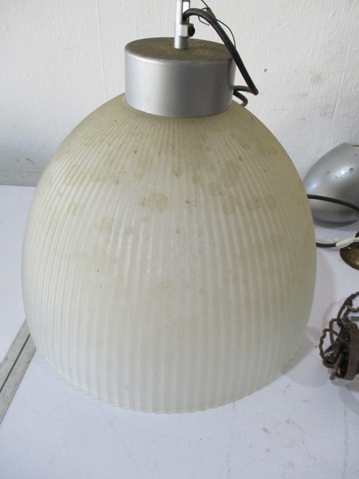 A cast iron lamp shade along with a modern holophane style shade - Image 2 of 5