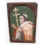 A late 19th/early 20th century wood framed painting of a Pope holding a Papal cross inlaid with