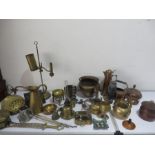 A collection of various brass and copper items etc