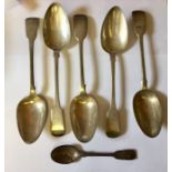A matched set of hallmarked silver serving spoons along with a silver teaspoon. Total weight 351g