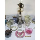 Victorian oil lamp, decanter, water jug and beaker, cranberry, God Speed the Plough mug etc