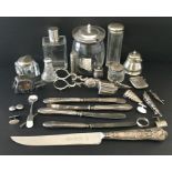 A collection of silver and silver plated items including candle snuffer, Vesta case etc.