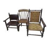 An Arts and Crafts style chair along with a stick back dining chair and one other