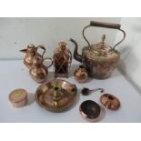 A collection of various copper ware including kettle etc