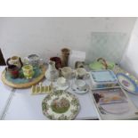 A collection of various china including novelty mugs, Carlton ware, lazy susan, glass chess set etc