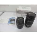 A boxed Canon EFS 55-250mm 4-5.6 zoom lens and a Canon 28-80mm 1:3.5-5.6 zoom lens