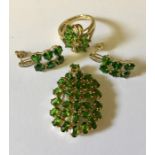 A Russian diopside (chrome diopside) set of ring, pendant and earrings all in 9ct gold.
