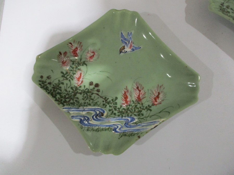A pair of Celadon dishes and a small blue and white ginger jar ( no lid) - Image 2 of 8