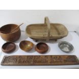 A carved biscuit mould along with a trug ( A/F), woodenware etc.