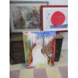 Three large pictures, "The portrait painter" an oil by Jim Bailey and two others