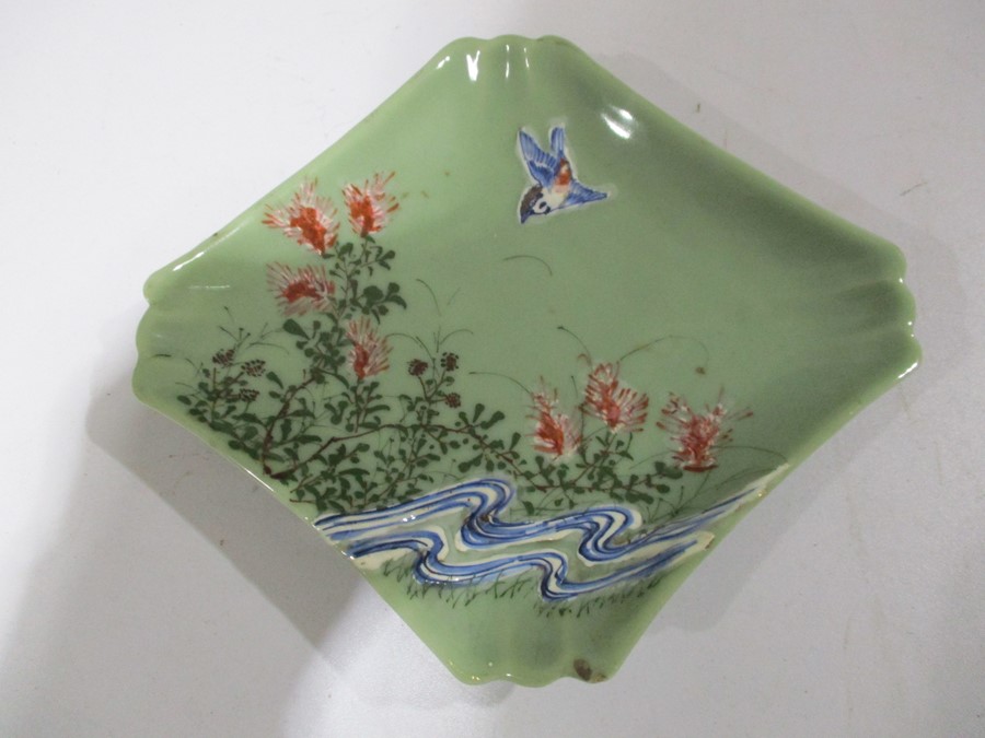 A pair of Celadon dishes and a small blue and white ginger jar ( no lid) - Image 4 of 8