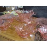 A pink glass Art Deco dessert set