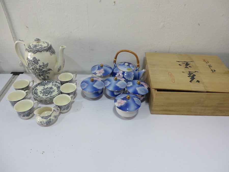 A "Bristol" Crown Devon coffee set along with a Japanese tea set in wooden box