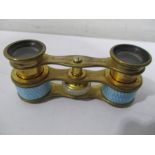 A pair of J Duvelleroy brass and light blue guilloche enamel opera glasses, engraved to top brass