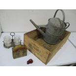 Galvanised watering can, vintage tin, wine crate etc.