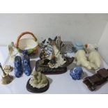 A collection of various china, figures, wooden car etc