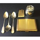 3 hallmarked silver teaspoons, 2 lighters and a Colibri cigarette case