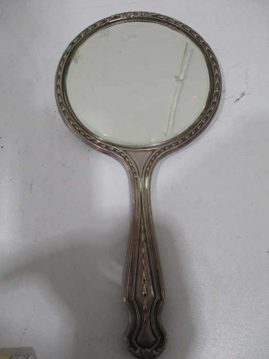 A hallmarked silver dressing table mirror along with a silver plated muffin fork - Image 6 of 9