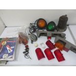 A collection of motoring items including spark plug cleaner, lights etc