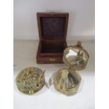 A Stanley brass compass in box along with a Hatton Garden brass compass and sundial
