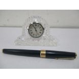 A Waterford crystal miniature mantle clock along with a vintage Parker fountain pen