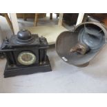 A slate mantle clock ( A/F) along with a a copper coal scuttle and shovel- finial, pendulum and